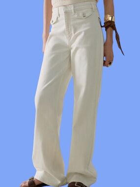 Mango Cream Mid-Rise Wide-Leg Jeans with Front Pockets Casual Denim Pants Spring
